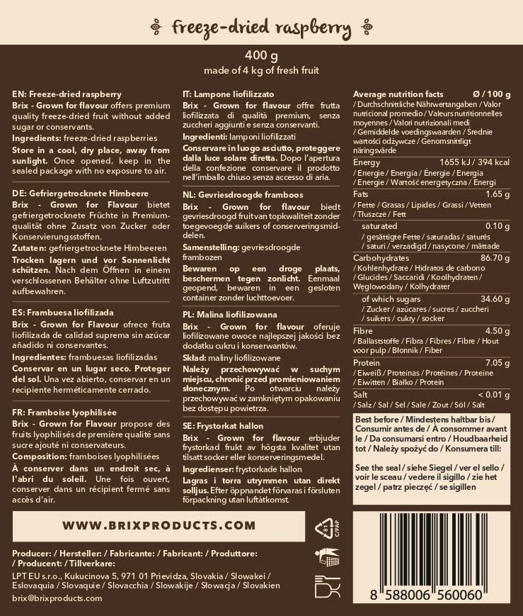 BRIX Freeze Dried Raspberries – 400g Natural Whole Fruit Vegan Snack