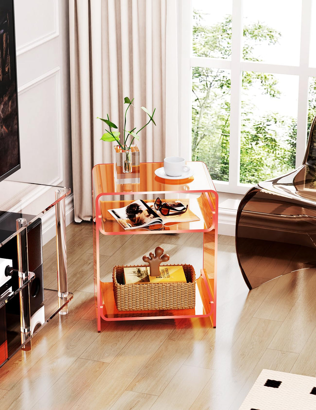 Acrylic End Table with Storage Shelf, Clear Side Table, Record Player Table, Nightstand, 15.7x19.7x11.8 Orange, 40×30×50 cm