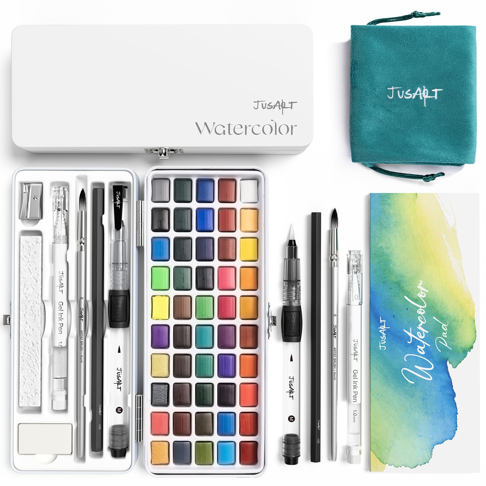 JusArt 50 Colors Watercolor Paint Set – Portable Travel Art Kit with Brushes