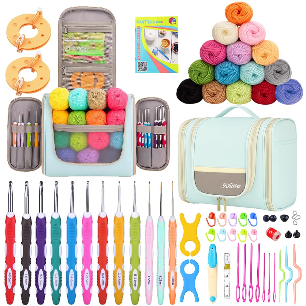 Knitiss Beginner Crochet Kit | 15 Yarn Skeins & 12 Ergonomic Hooks with Case