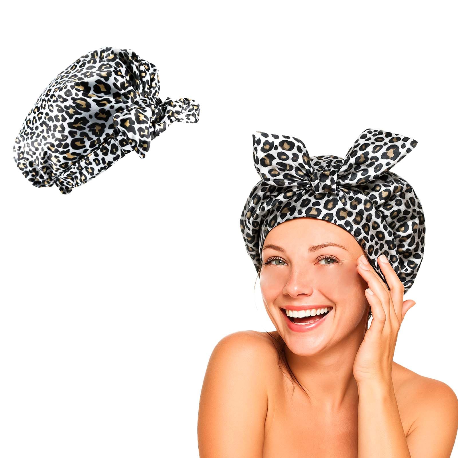 Flomiara Waterproof Reusable Shower Cap – White Leopard Print for Long Hair