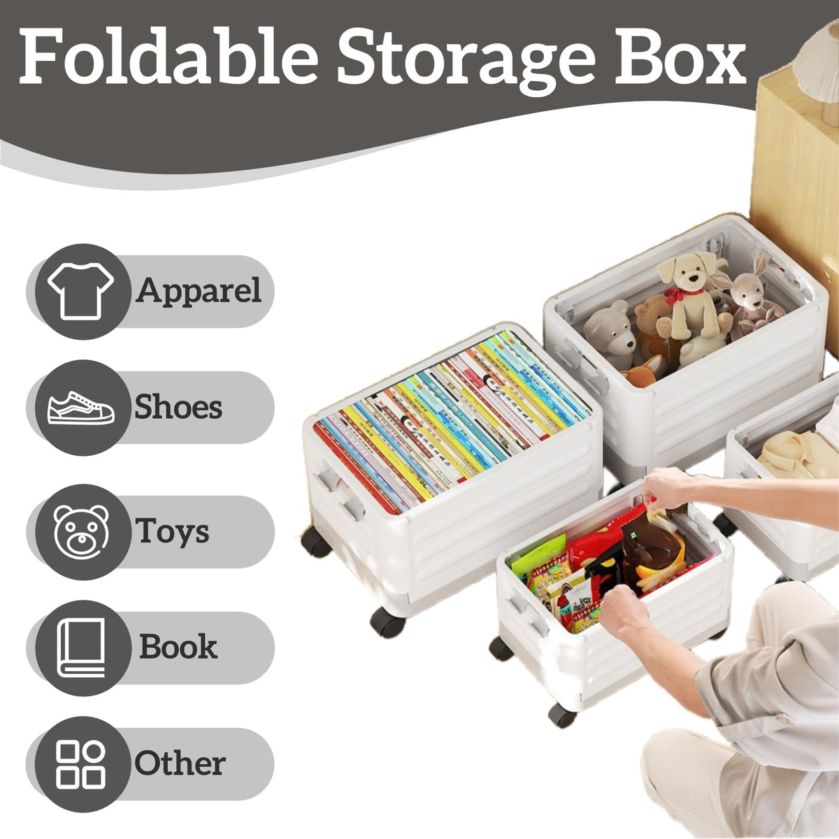 40L Foldable Storage Box with Wheels Heavy Duty Storage Trunk Organiser with Lid 360° Rotating Wheels & Fixed Handle - image 2
