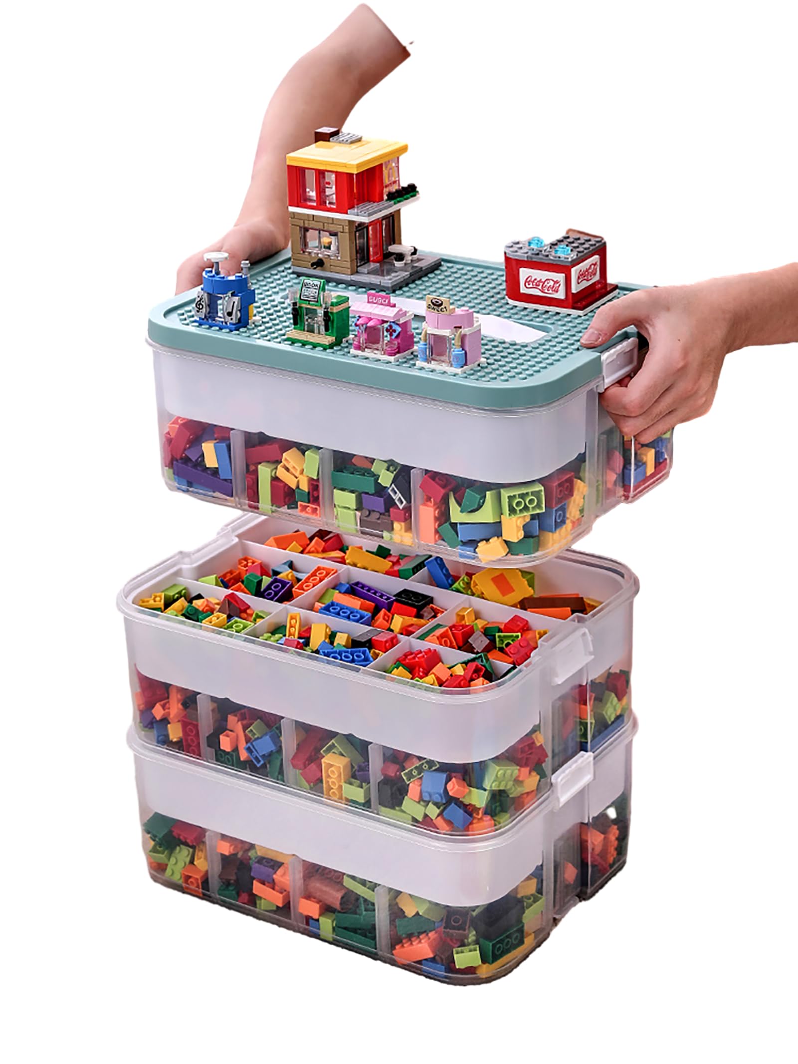 Jolof Store 3-Layer Stackable Toy Storage Box with Building Block Baseplate