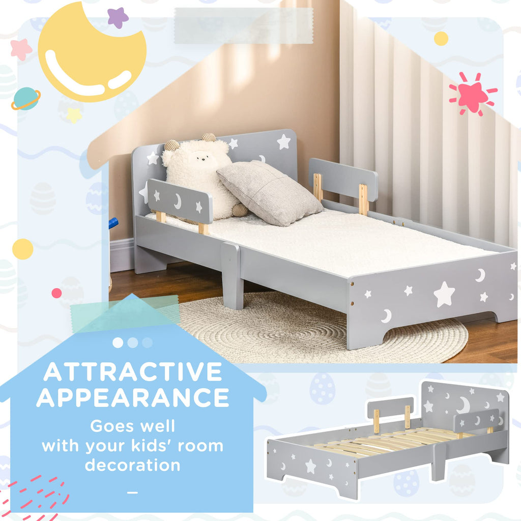 ZONEKIZ Kids Toddler Bed – Grey Moon & Star Bed Frame with Side Rails