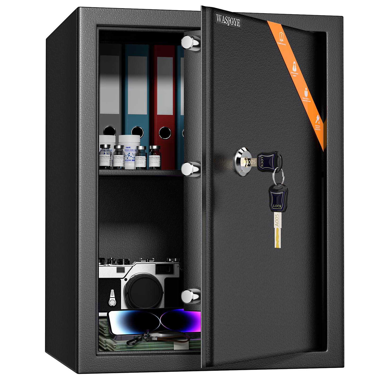 WASJOYE 49L Steel Safe Lock Box with Keys for Home and Office Security