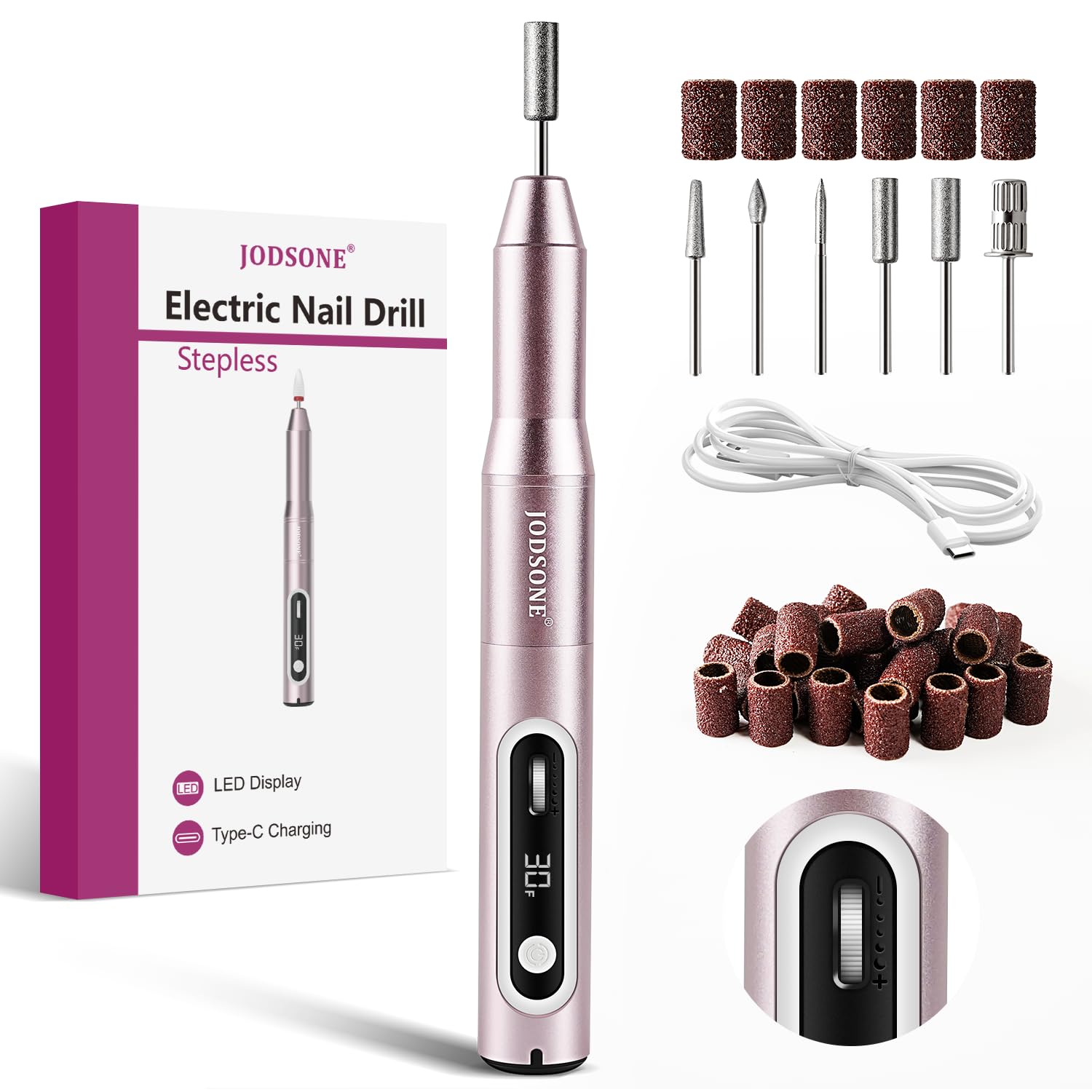 JODSONE Professional Nail Drill - 30000 RPM Electric File with 6 Bits