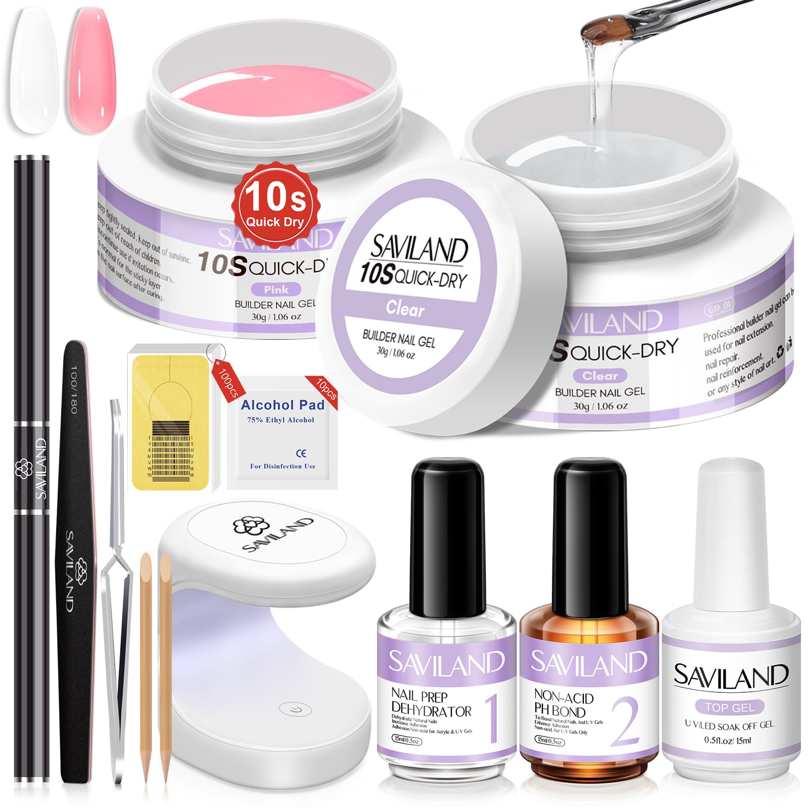 Saviland Builder Nail Gel Kit - Quick-Dry Hard Gel with Mini UV Light