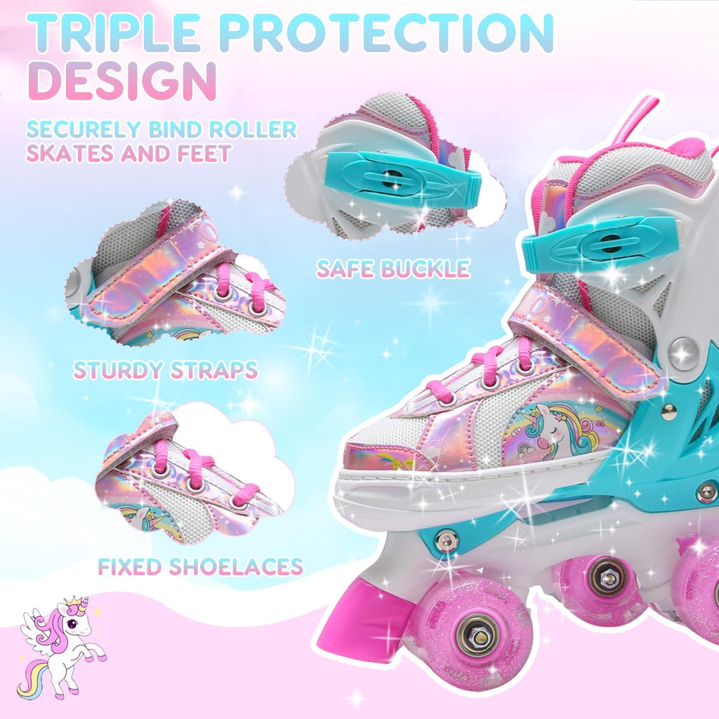 OLYSPM Kids Adjustable Quad Roller Skates with Flashing Wheels - Pink