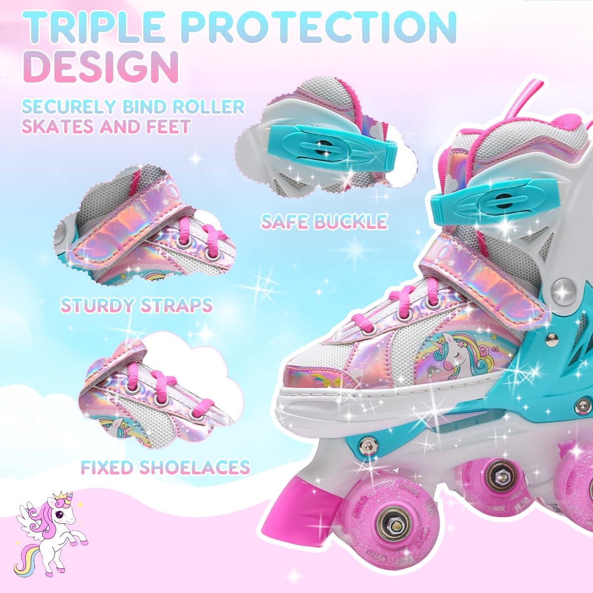 OLYSPM Kids Adjustable Quad Roller Skates with Flashing Wheels - Pink
