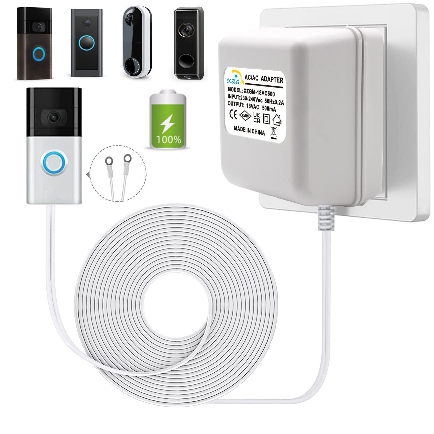 18V 500mA Video Doorbell Power Adapter with 8m Cable | UK Plug