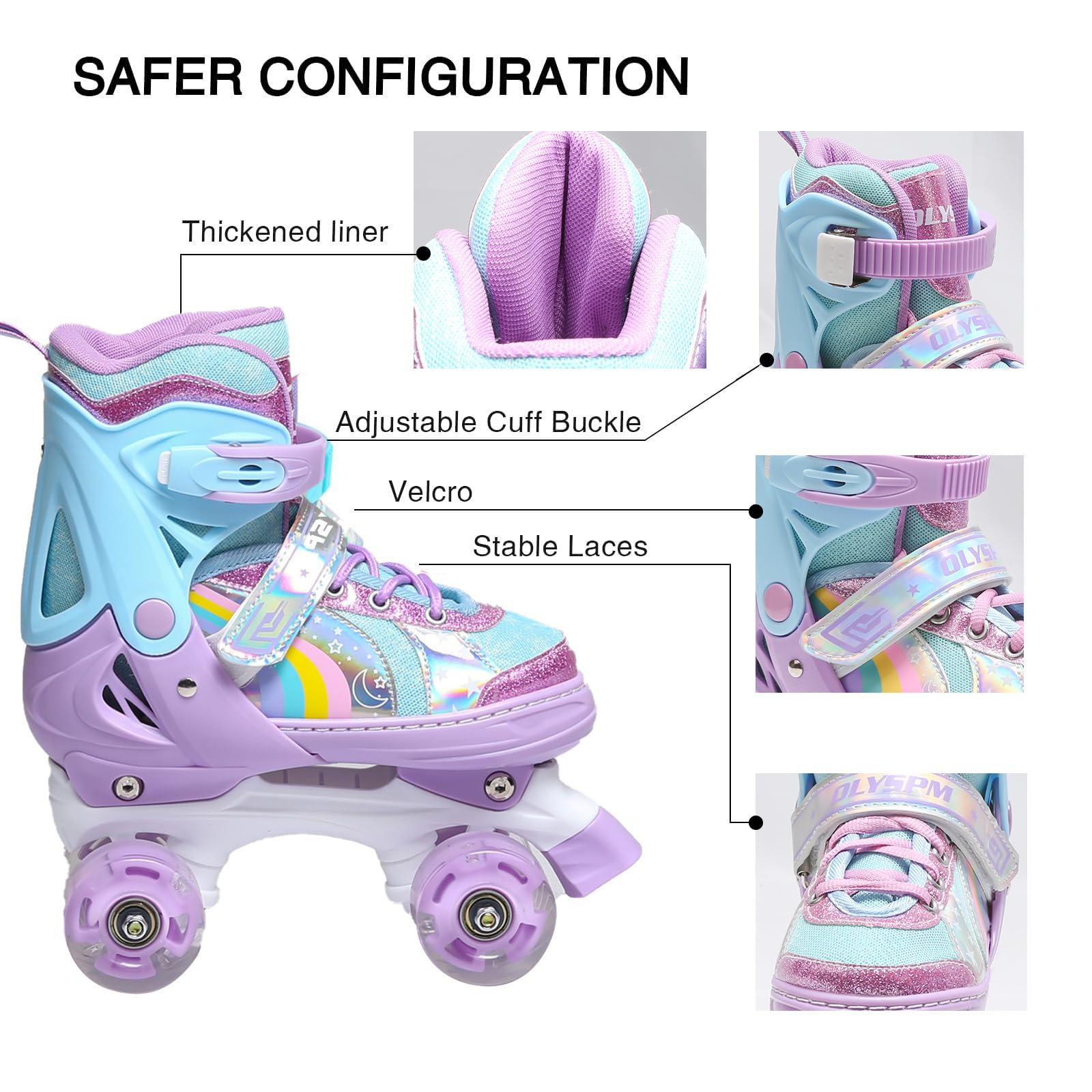 OLYSPM Kids Roller Skates – Adjustable Quad Skates with 8 Light Up Wheels