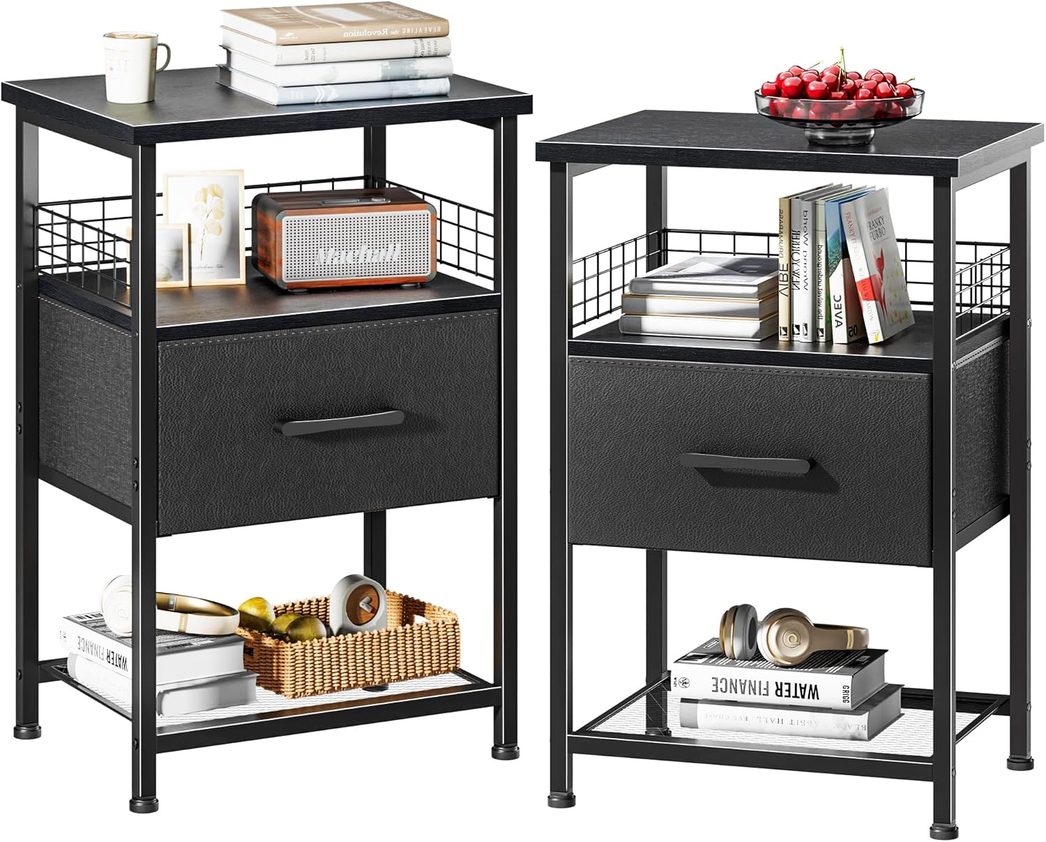 LAKEMID Nightstand Set of 2 – 3-Tier End Table with Fabric Drawer