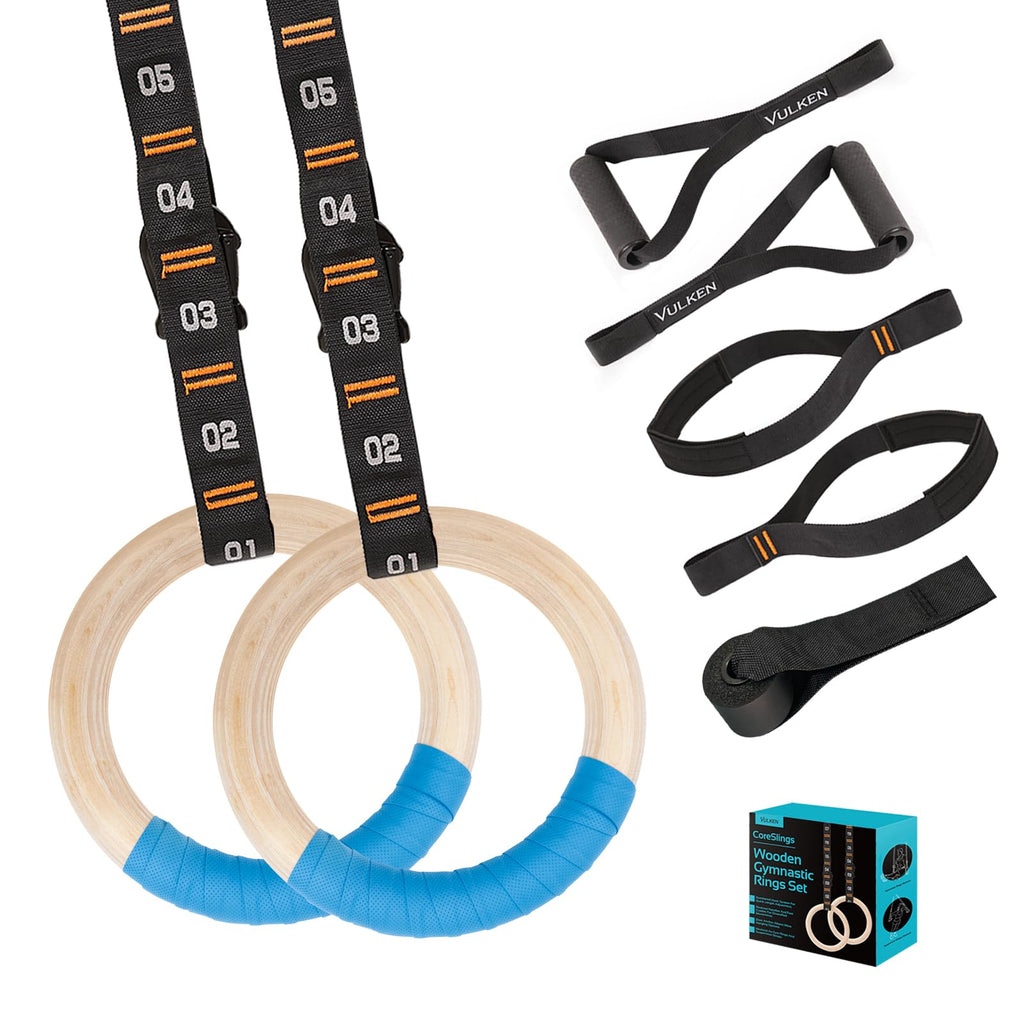 Vulken 32mm Wooden Gymnastic Rings with Numbered Straps & Handles