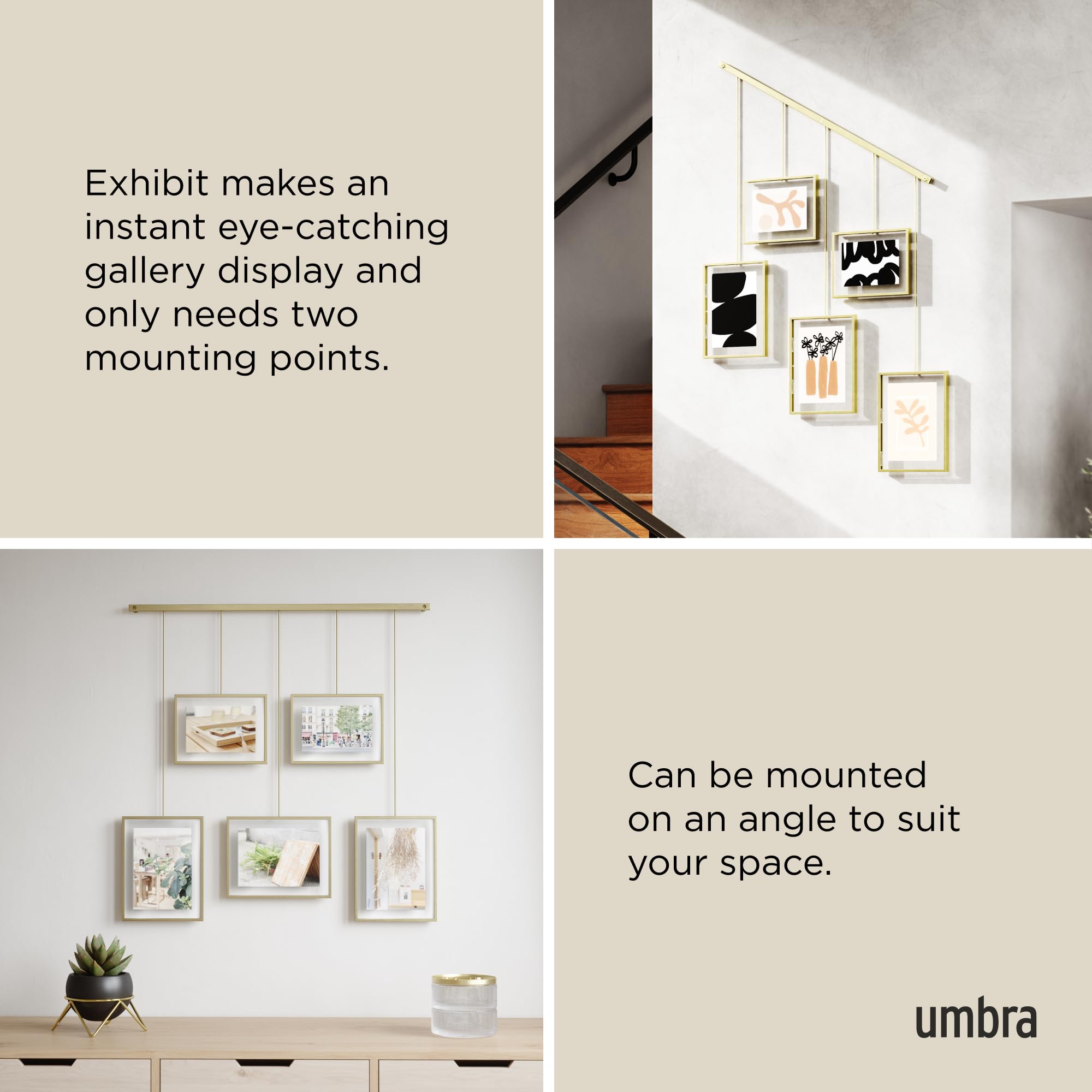 Umbra Exhibit Gallery Set – Adjustable 5-Photo Hanging Wall Display, Brass