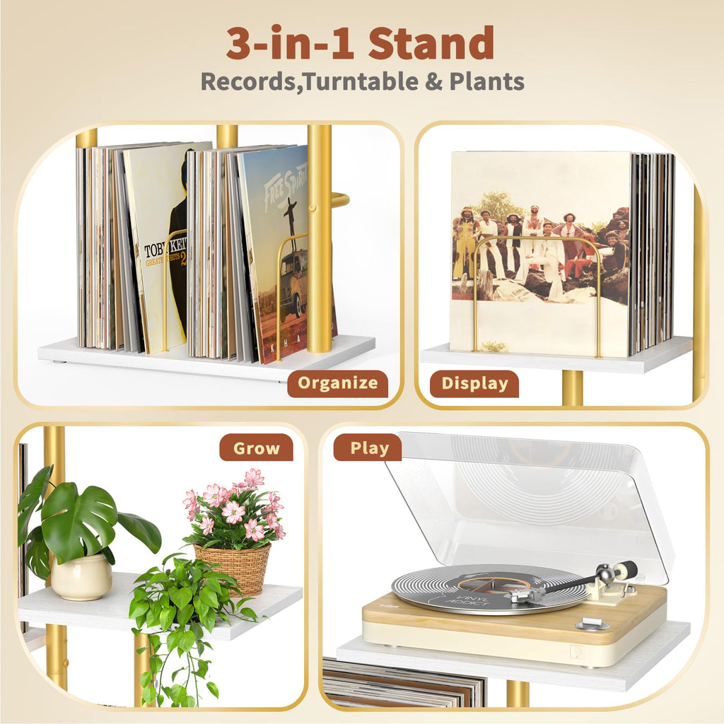 Bikoney Botanical Record Player Stand with LP Vinyl Display Shelf - Gold - image 5