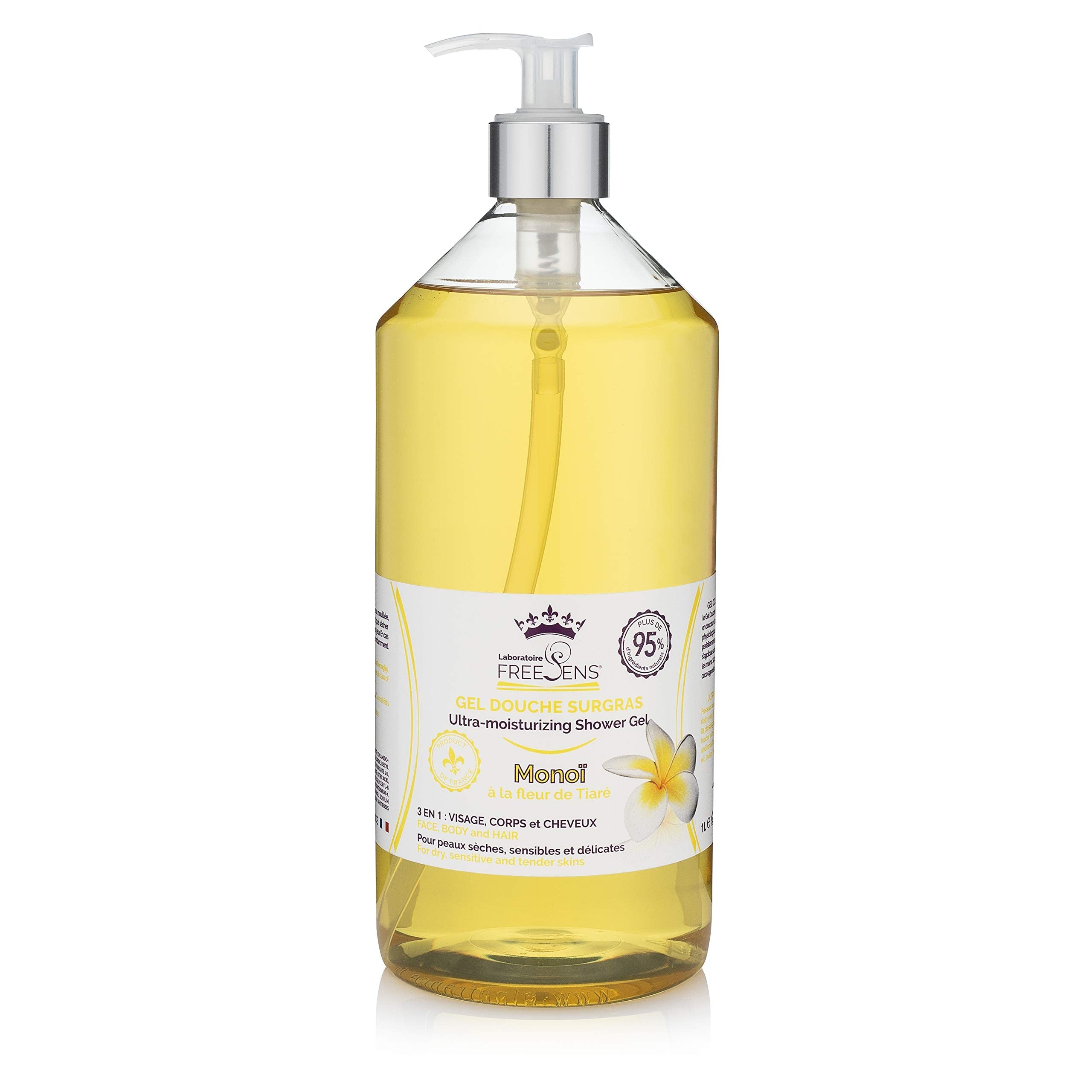 Freesens Gel Douche Surgras au Monoï - Hydratant Corps et Cheveux - 1L