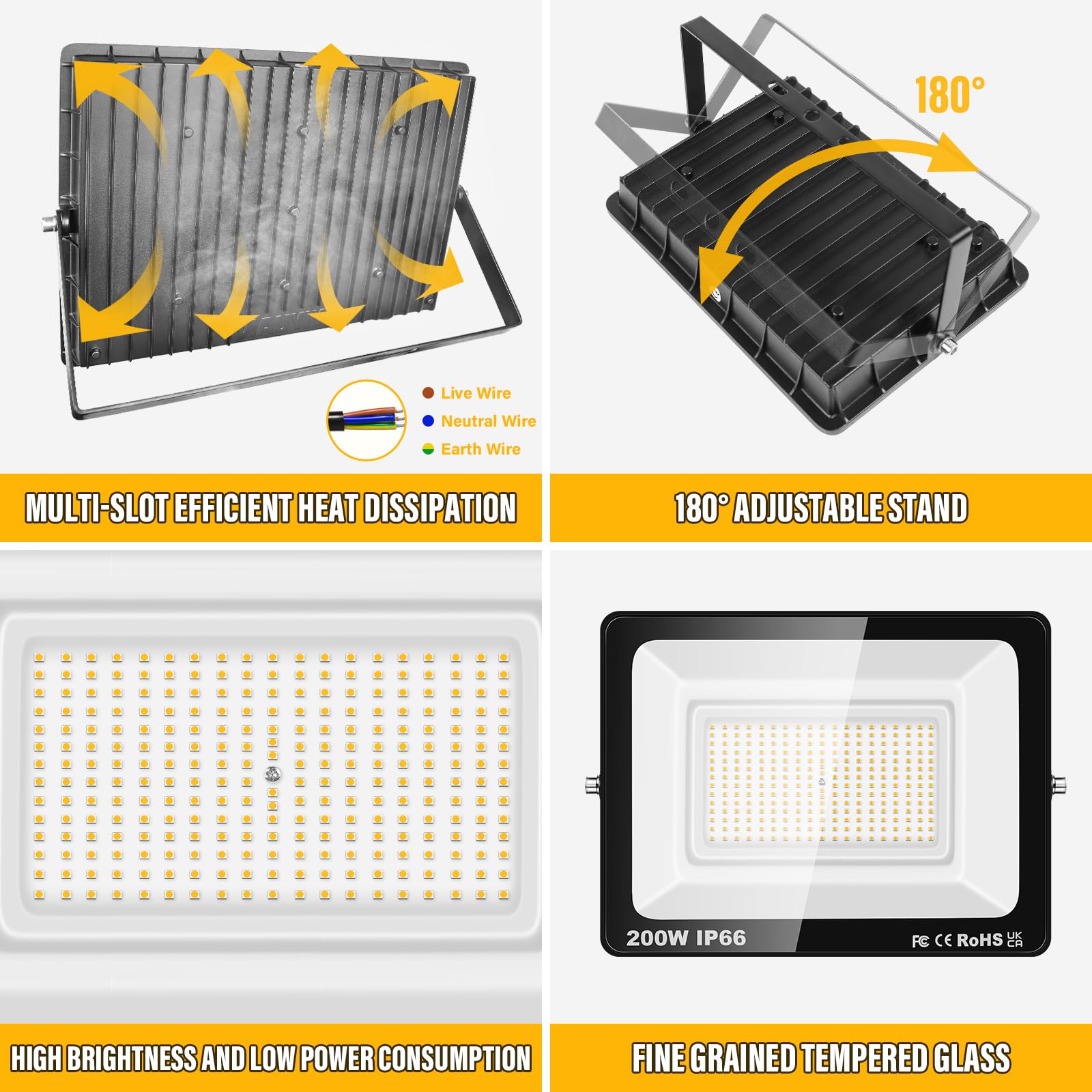 SKYWORLD 200W LED Flood Lights | 2-Pack IP66 Waterproof Security Lamps