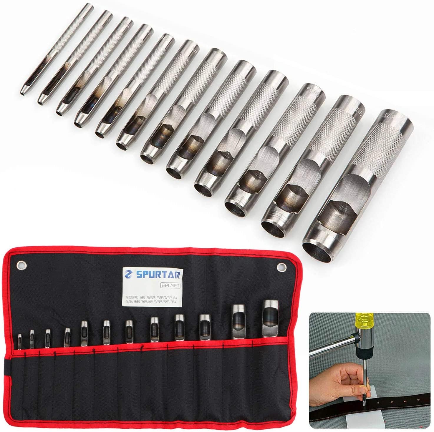 Spurtar 12-Piece Steel Hollow Leather Punch Set (1/8"-3/4") with Bag