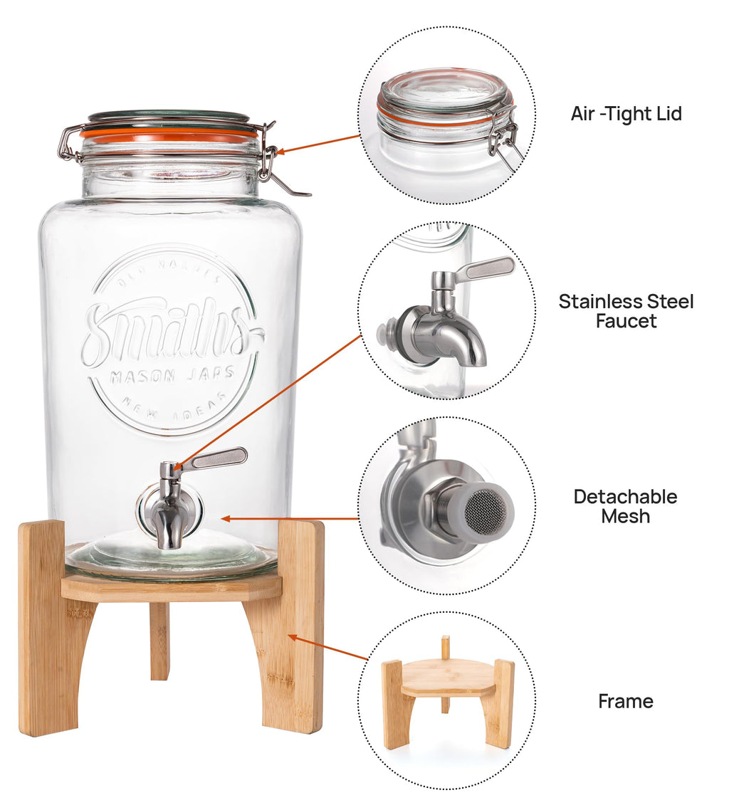 Smith's Mason Jars 5L Glass Drink Dispenser with Wooden Stand