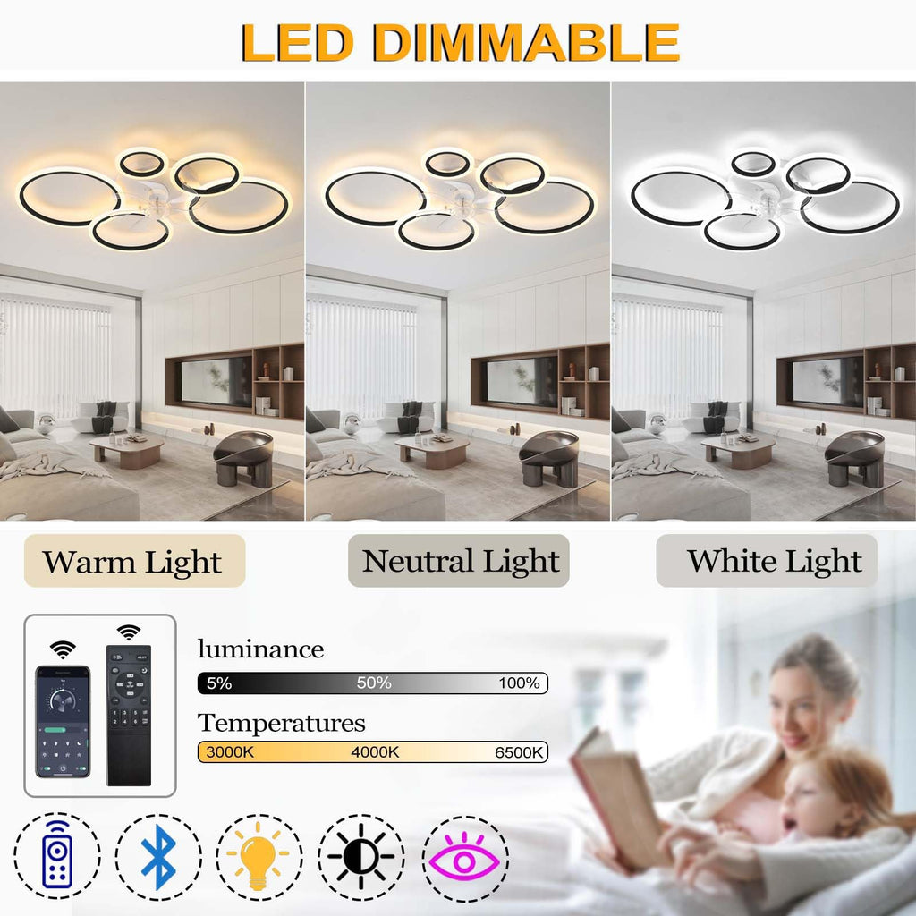 YUNZI Modern Ceiling Fan with LED Light – 72W Dimmable 6-Speed Fan