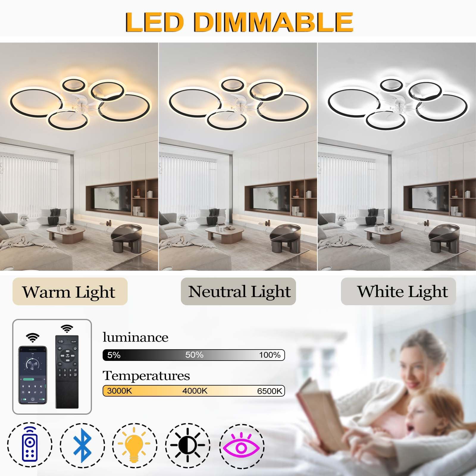 YUNZI Modern Ceiling Fan with LED Light – 72W Dimmable 6-Speed Fan