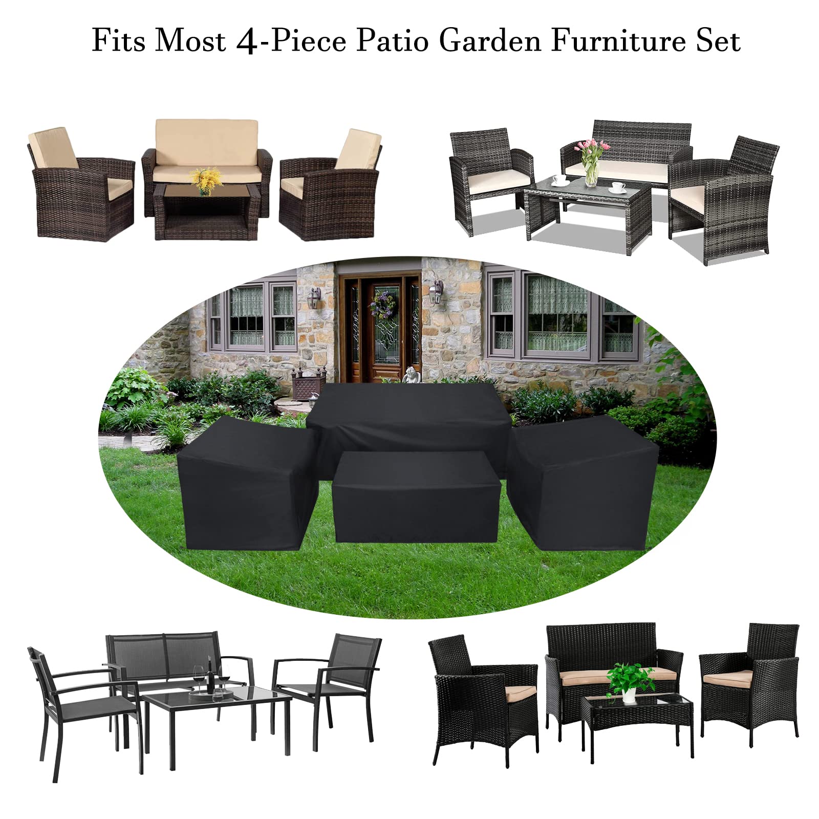 WISCLASS 4-Piece Patio Furniture Covers | Waterproof 420D Heavy Duty Black