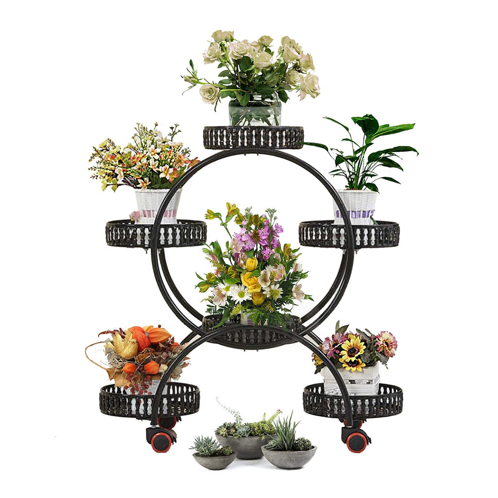 KOLENSA 4-Tier Metal Plant Stand with Wheels | 6-Potted Rolling Flower Rack