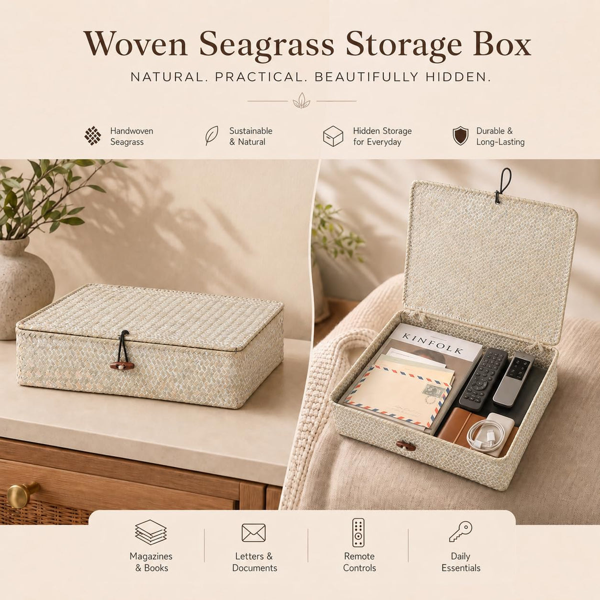 YANGQIHOME - Set of 2 Seagrass Baskets with Lids, Rectangular Woven Storage Baskets, Natural Wicker Boxes for Coffee Table, Shelf - image 5