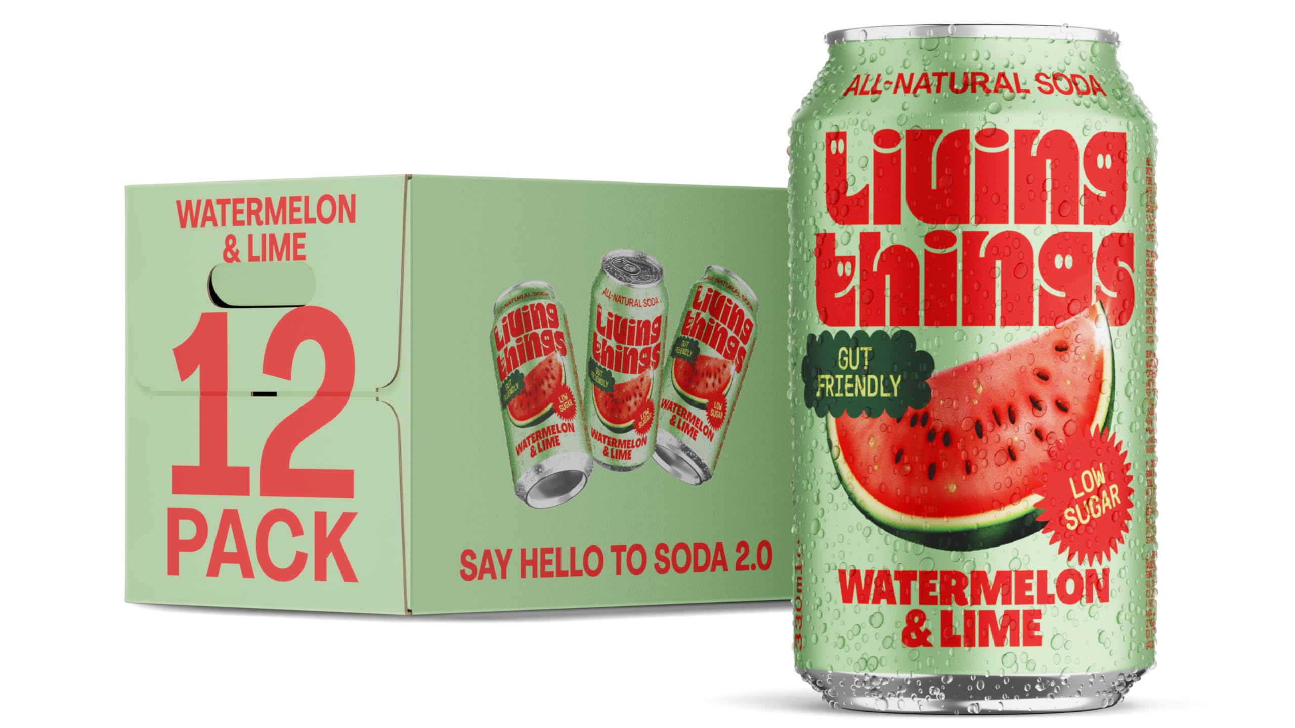 Living Things Prebiotic Soda – Watermelon & Lime Gut Health Drink – 12 Pack