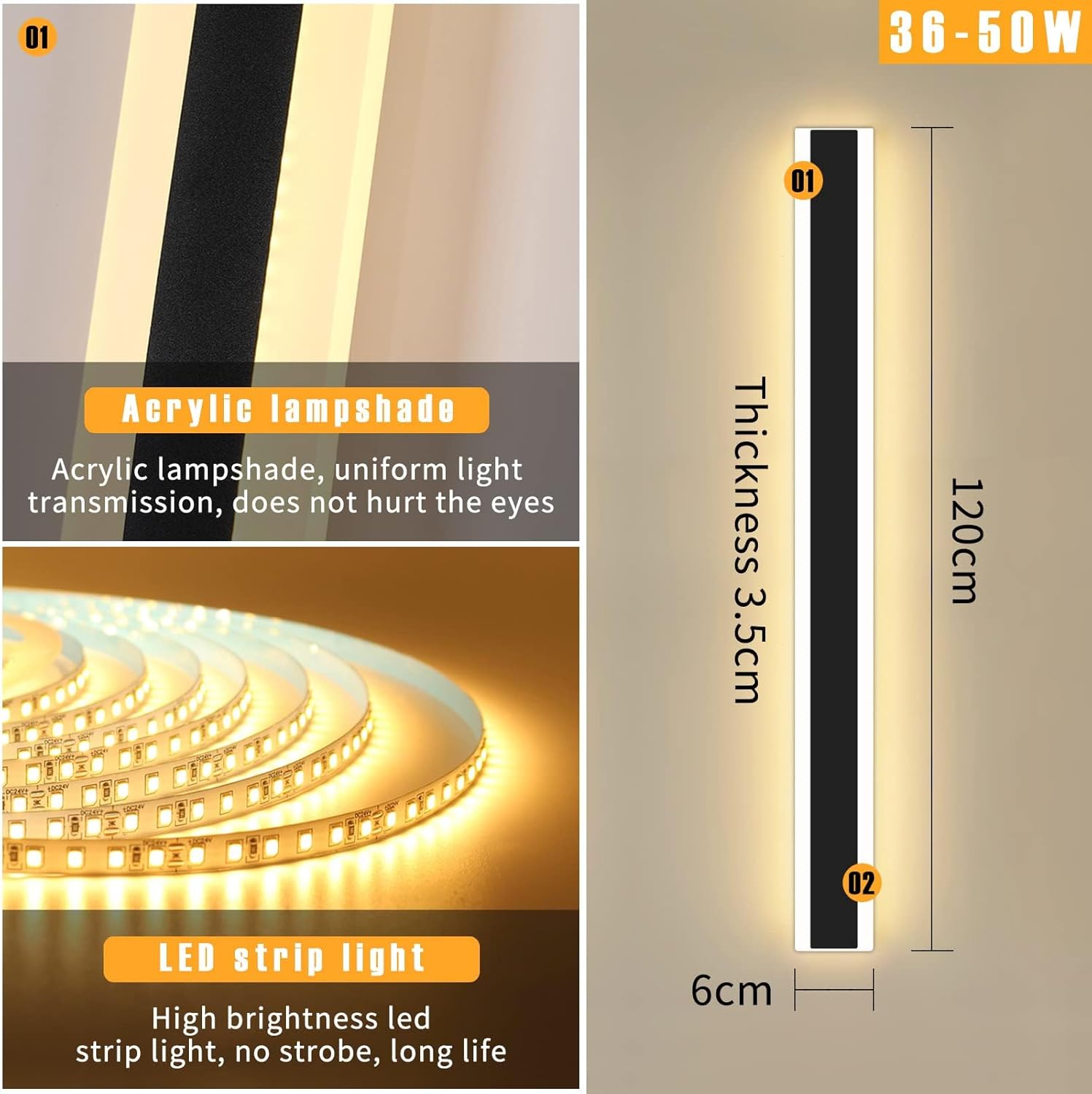 Mikeru 120cm LED Outdoor Wall Light – 42W IP65 Modern Black Sconce