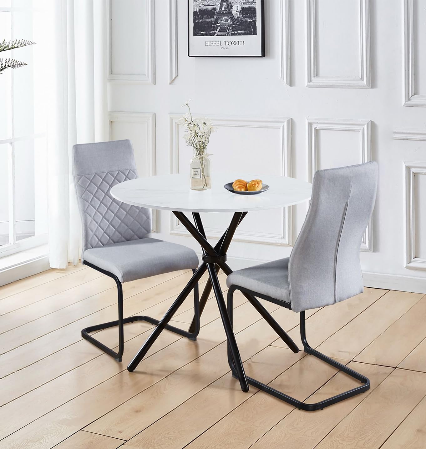 Hallowood Cullompton Round Marble Dining Table and 2 Grey Chairs Set