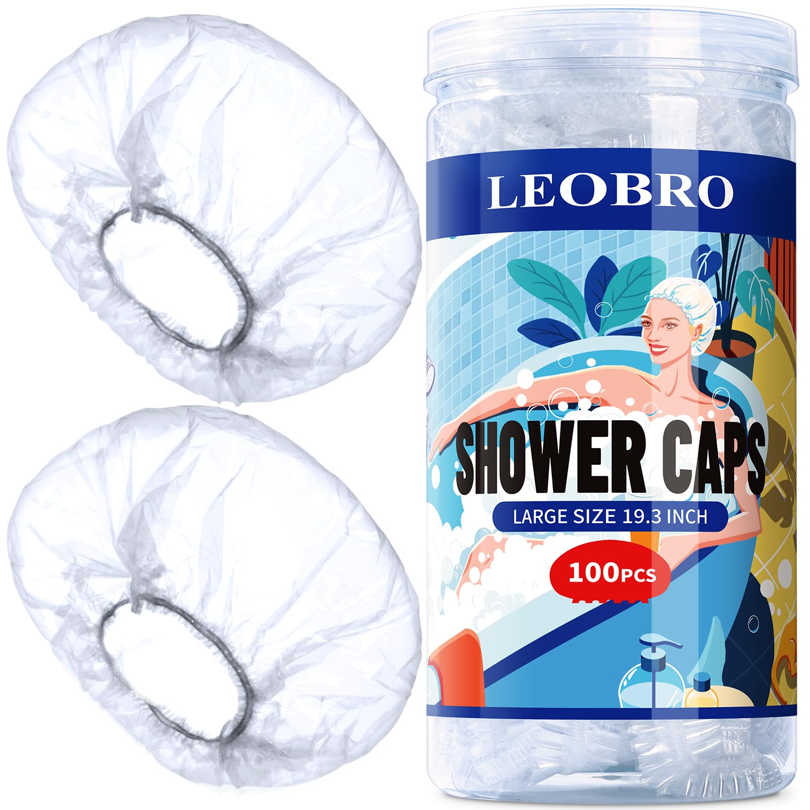 LEOBRO 100PCS Large Disposable Shower Caps | 19.3 Inch Thick Waterproof