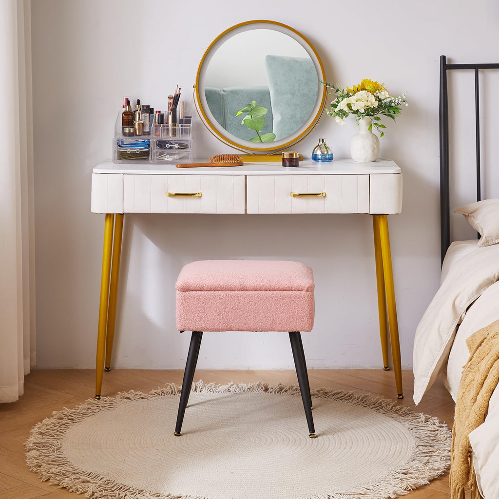 Aibiju Faux Teddy Fur Vanity Stool with Storage – Rectangular Ottoman Chair