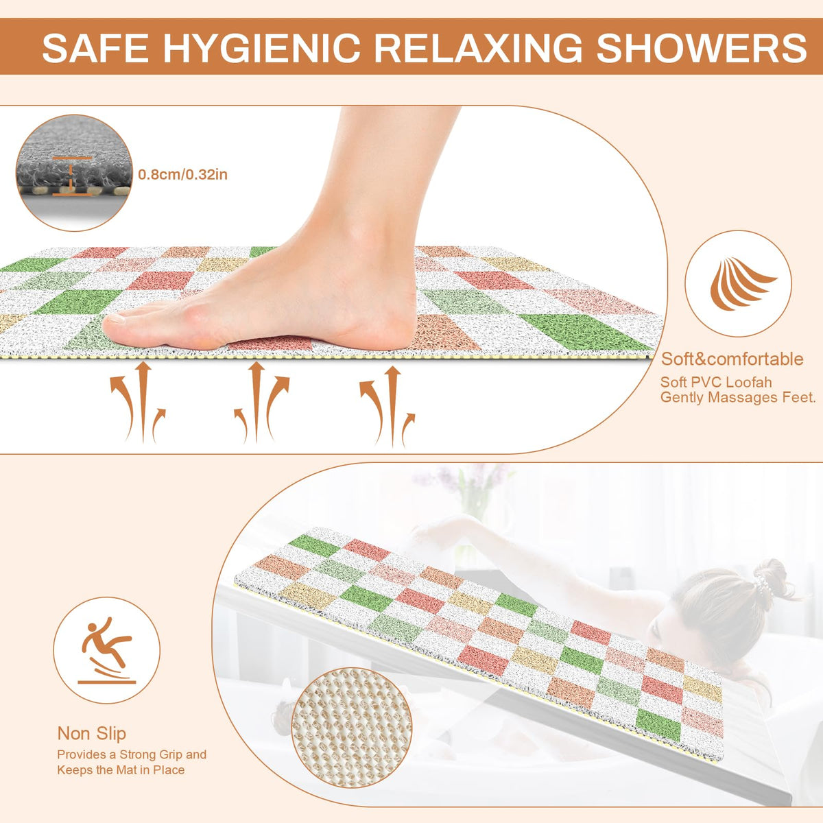 BLESWIN Large Shower Mat Non Slip 50x80CM, Checkered Shower Quick Dry Mats with Drain Hole, Antibacterial PVC Bath Mat for Inside Shower - image 3