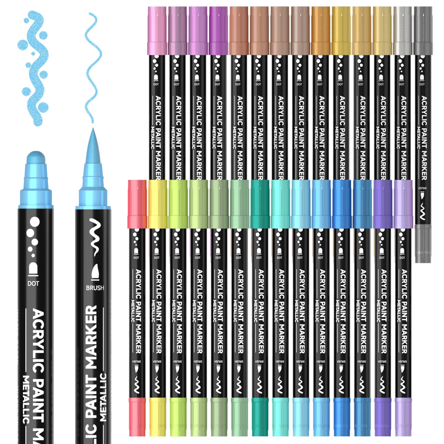 Shuttle Art 28 Metallic Acrylic Paint Pens | Dual Tip Dot & Brush Markers