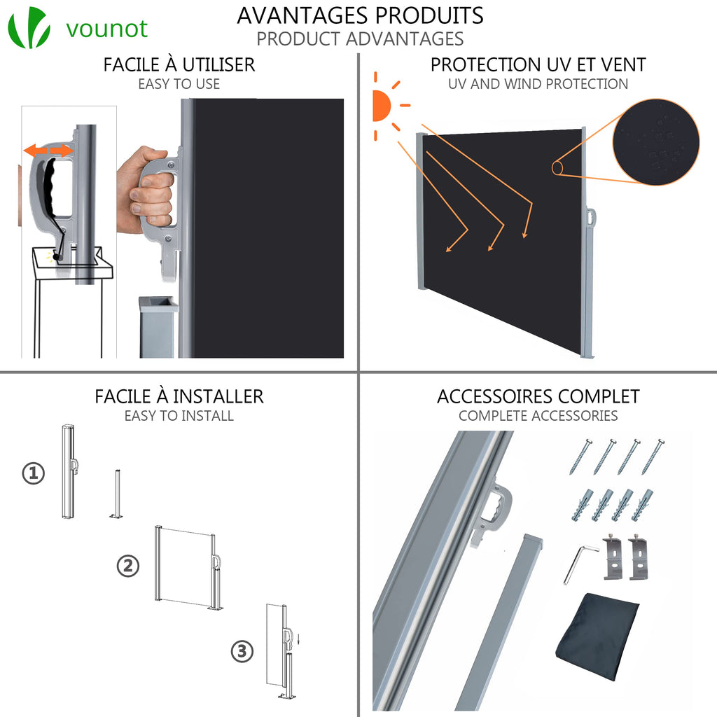 VOUNOT Retractable Side Awning – 180x300cm Garden Privacy Screen