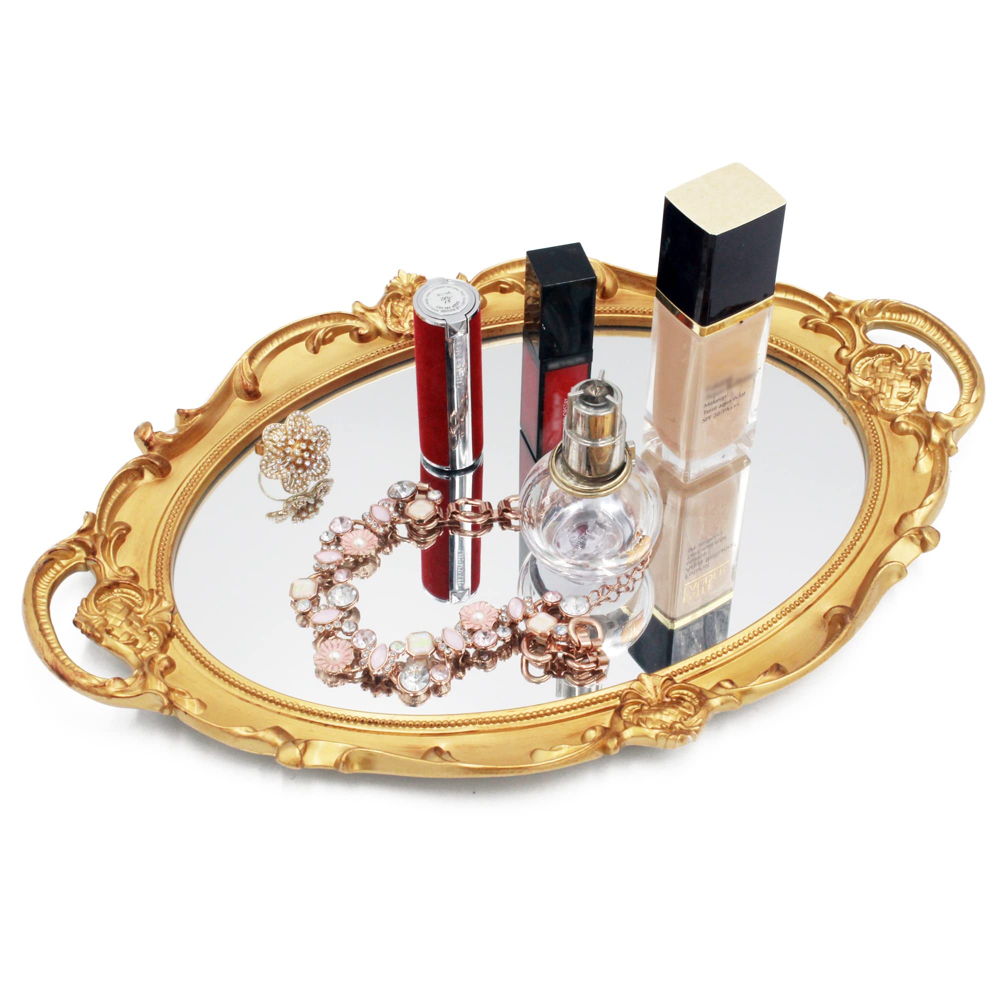 Funerom Vintage Gold Mirror Tray | Oval Decorative Vanity & Jewelry Tray