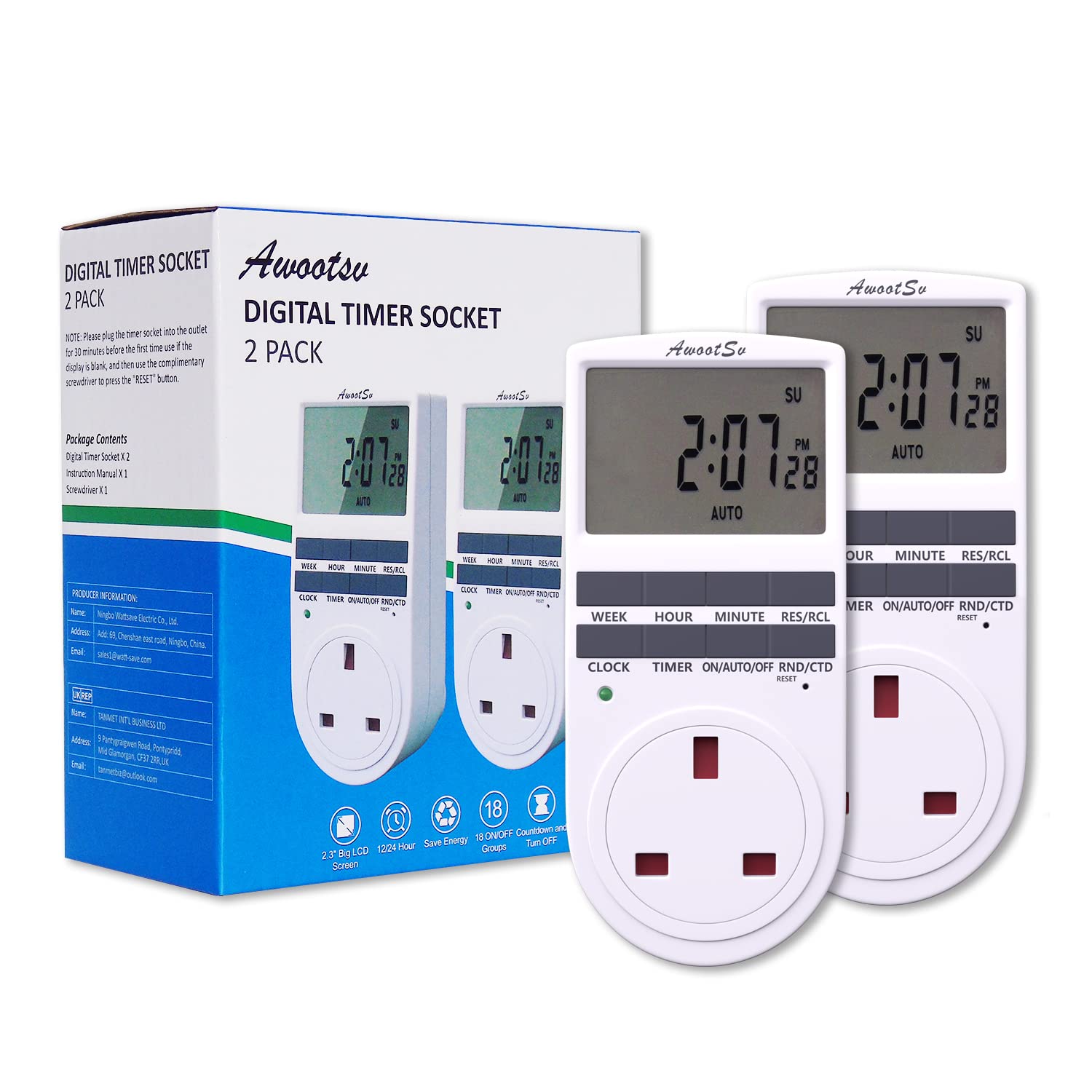 Awootsv Digital Timer Socket | 24H Weekly LCD Display Plug - 2 Pack