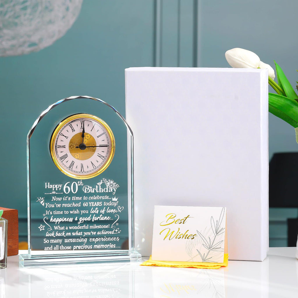 Jolof Store 60th Birthday Glass Keepsake – Quartz Clock Gift for Men & Women