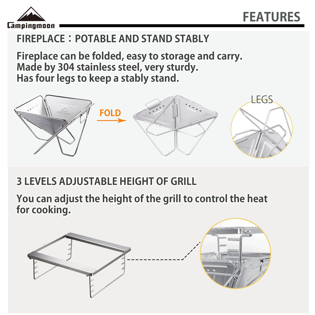CAMPINGMOON 3-in-1 Portable Stainless Steel Wood Burning Grill & Fire Pit