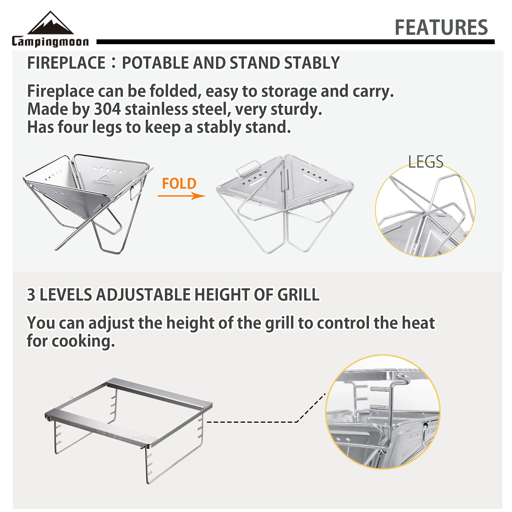 CAMPINGMOON 3-in-1 Portable Stainless Steel Wood Burning Grill & Fire Pit