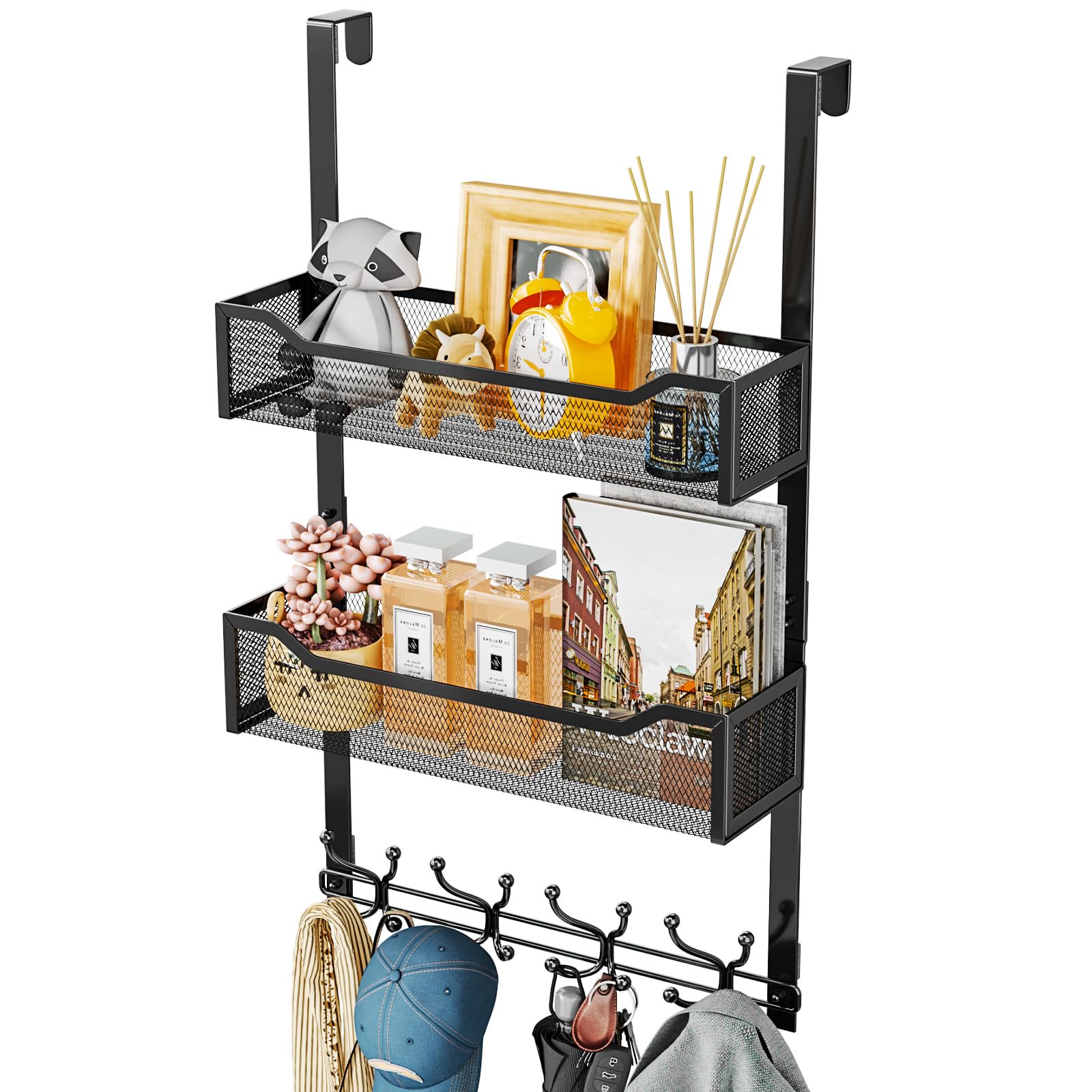 SWTYMIKI Over Door Hanger Hooks | 16 Hooks & 2 Mesh Baskets - Black