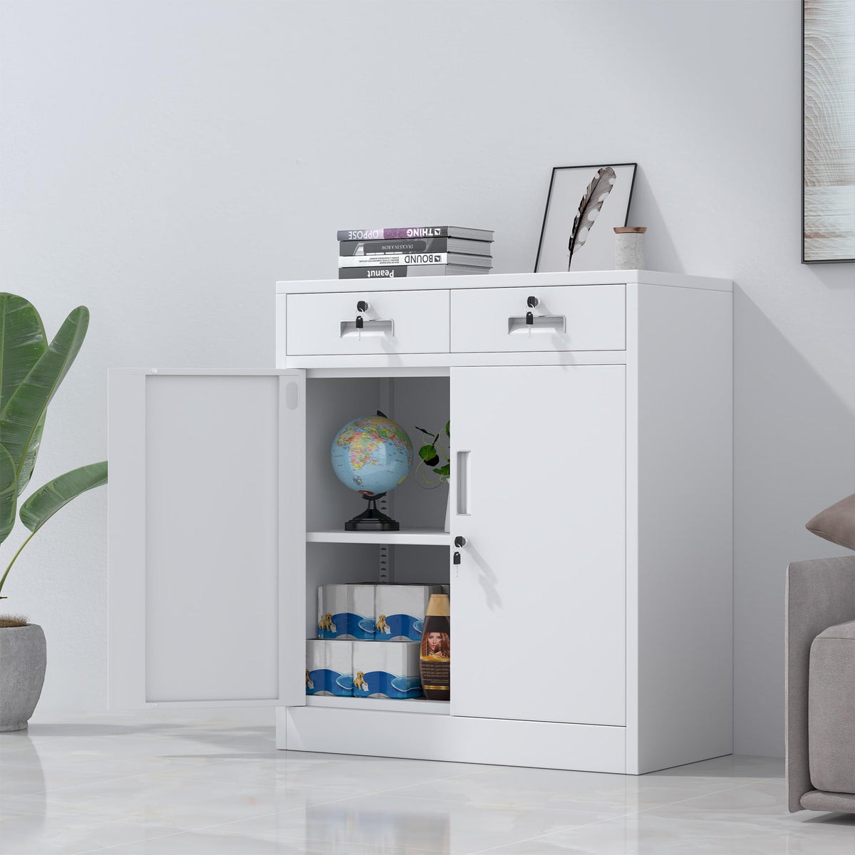 JINGUR Metal Storage Cupboard with Locking Doors and 2 Drawers White