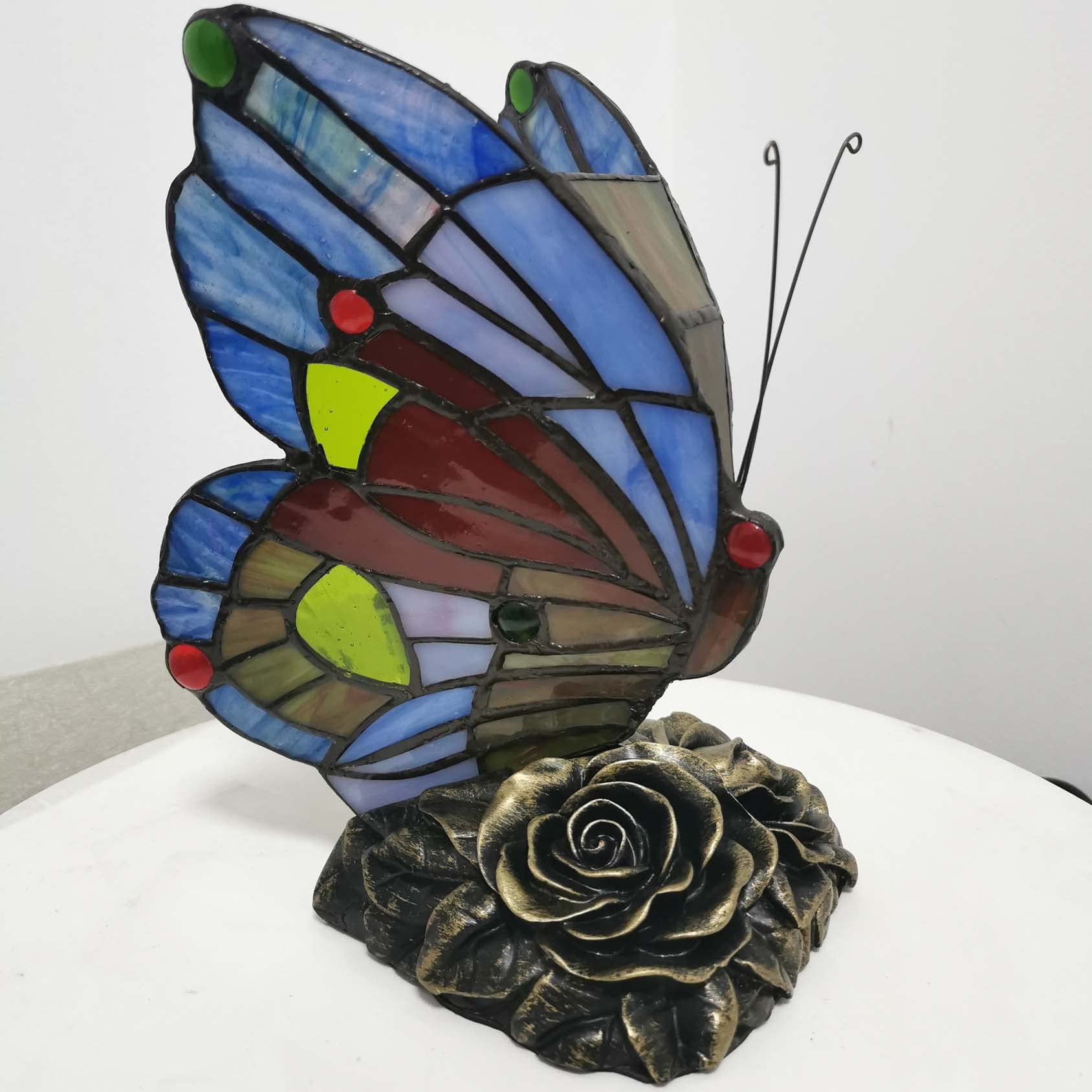 Bieye Butterfly Tiffany Style Stained Glass Table Lamp | Blue & Red