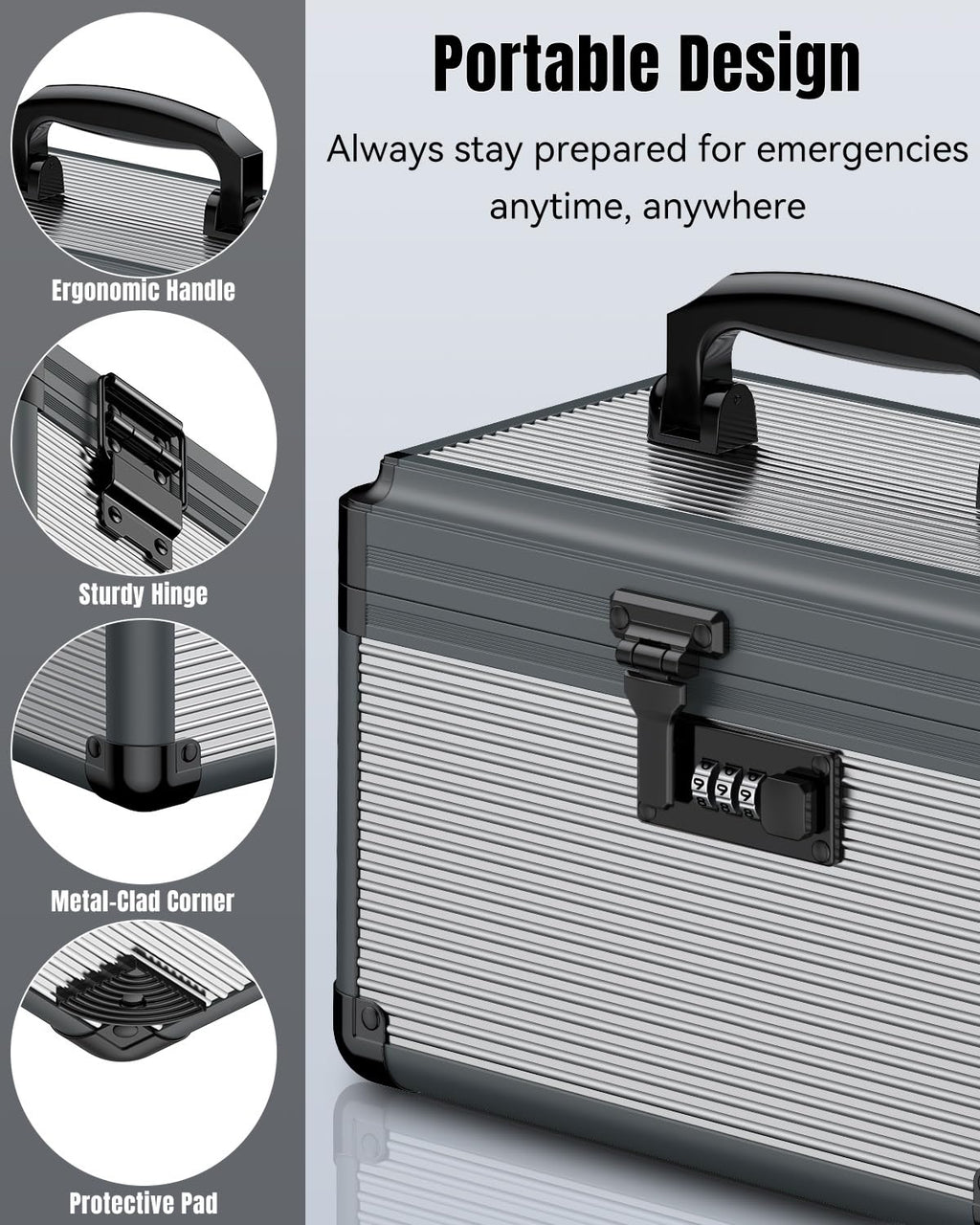 Uniclife Medicine Storage Box, 24 x 15.2 x 16.5 cm, Portable Medication Box with Combination Lock & Handle, Metal Lockable Medicine Box
