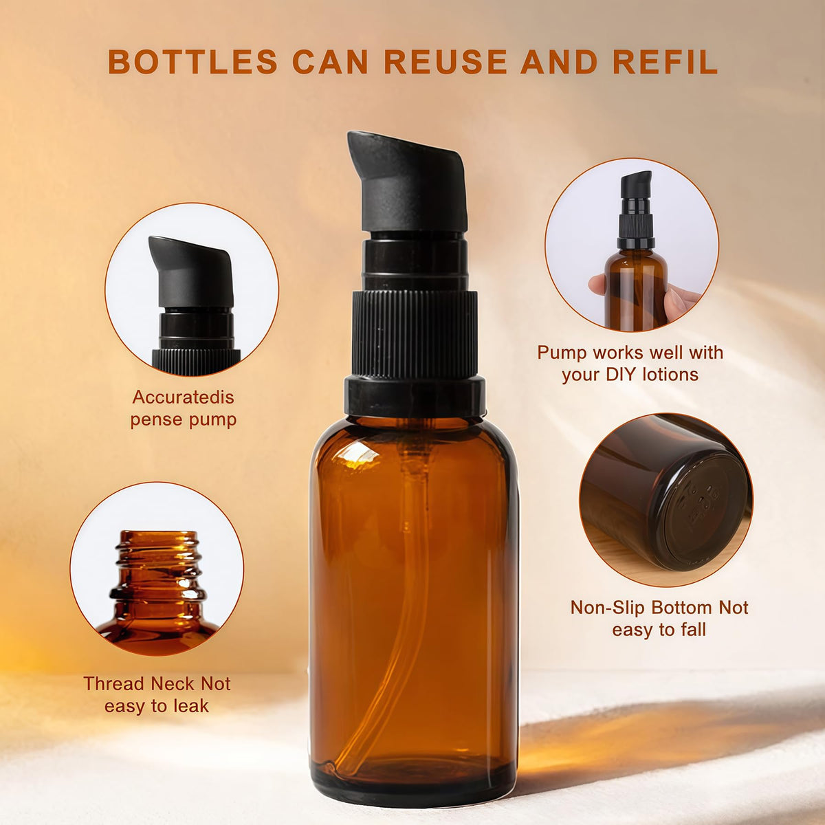 TUPANDY 3PCS 100ml/3.3oz Amber Glass Lotion Bottles Empty Refillable Cosmetic Makeup Travel Size Pump Dispenser Container Jars for Aromatherapy - image 3