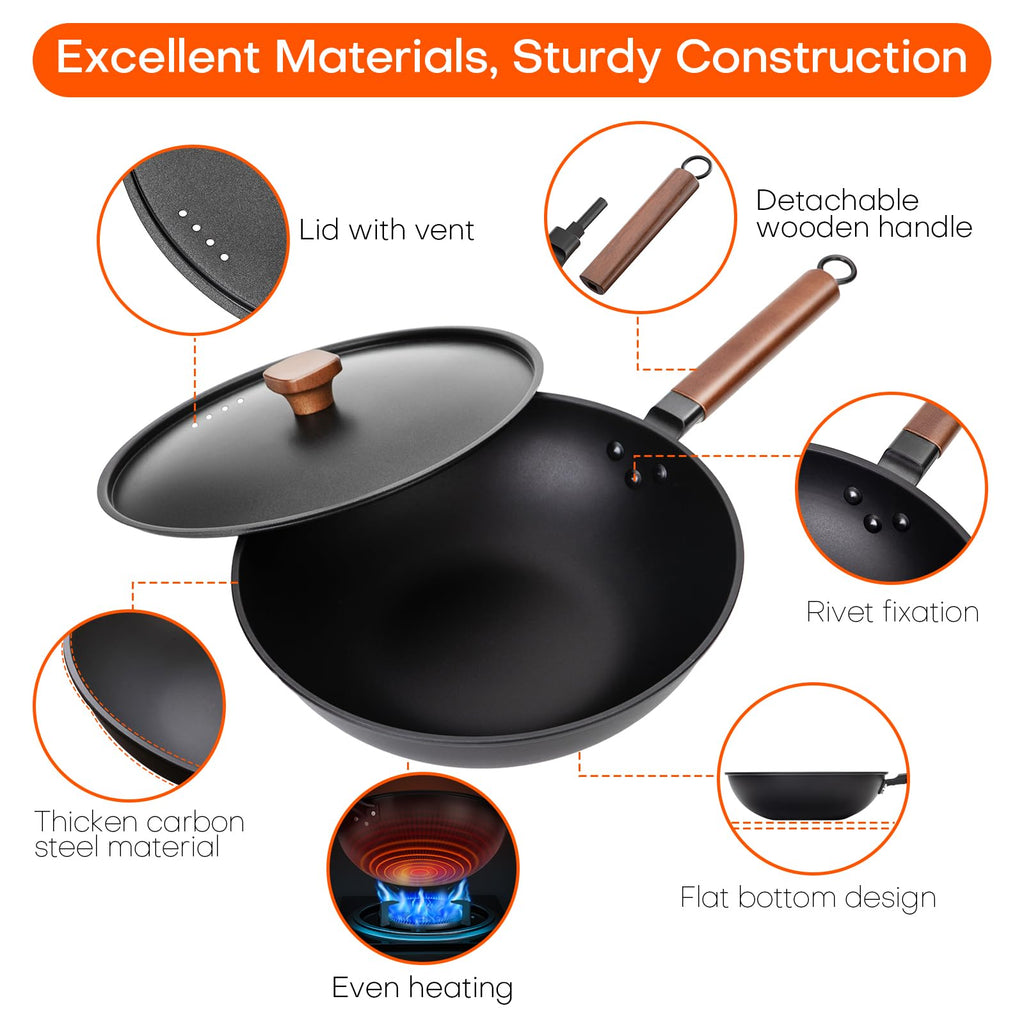 Jobin 33cm Pre-Seasoned Carbon Steel Wok with Lid | Non-Stick Frying Pan