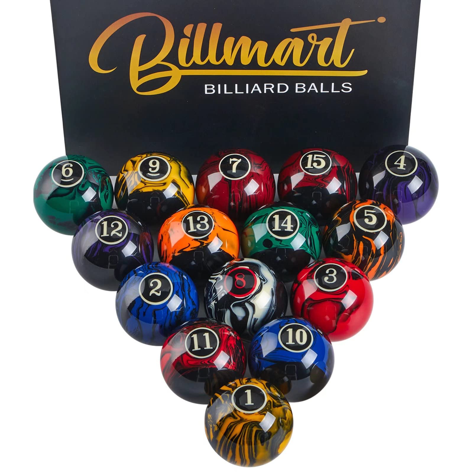 Billmart Black Marble Billiard Balls - 2-1/4" Regulation Pool Ball Set