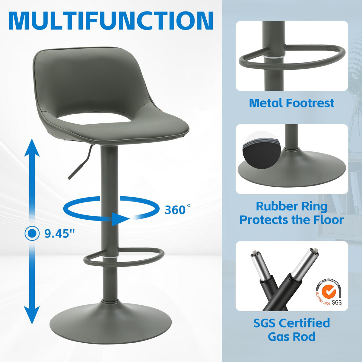 YOUNIKE Bar Stool Set of 2 Modern Swivel, Adjustable Counter Height with Faux Leather Upholstered Hollow Back for Kitchen Island, Olive Green - image 5