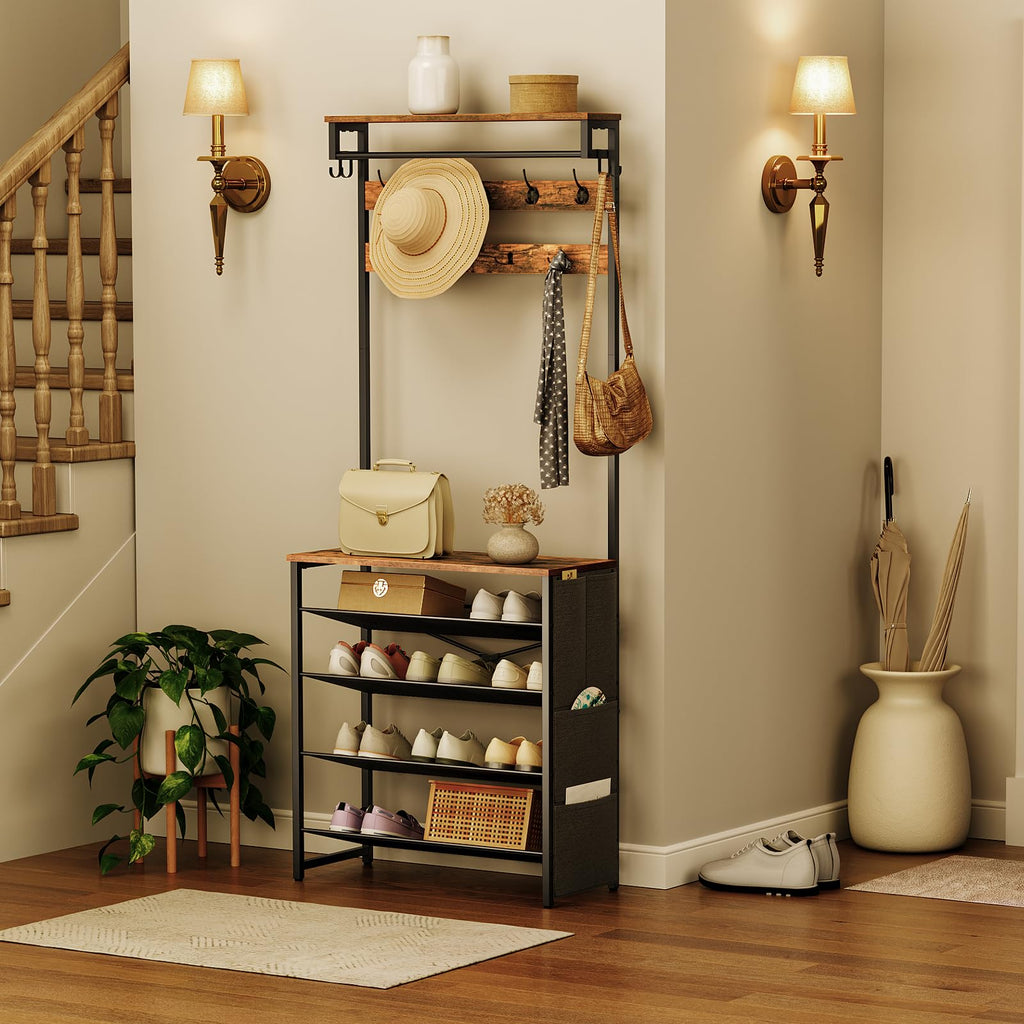 HOOBRO Hall Tree Coat Rack with Shoe Storage and Tiltable Mesh Shelves
